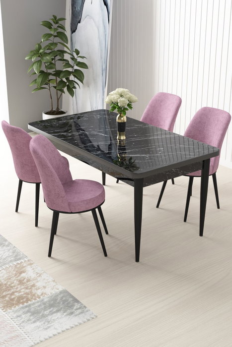 Hanah Home Juego de Mesa y Sillas de Comedor 5 Piezas Negro Mármol y Rosa